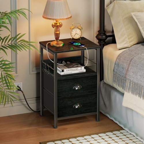 Nightstand with Charging Station for Bedroom, 2 Fabric Drawers, Black Oak - Image 6