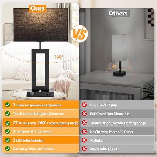 27.2’’ Tall Black Table Lamps for Living Room Bedroom, Bedside Touch Control Lamps with 2 USB Ports&AC Outlet, 3 Color Temp.&Stepless Dimming Desk Lamp Sets for Home Office, Pre-assembled Black Shade - Image 4