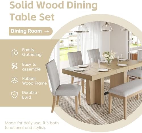 6-Piece Farmhouse Functional Dining Set, Rubber Wood Extendable Dining Table with 4 Upholstered Chairs& Bench, Thick Tabletop and Trestle Legs, Rectangular Dining Room Table Set for 6 (Natural-7.2) - Image 6