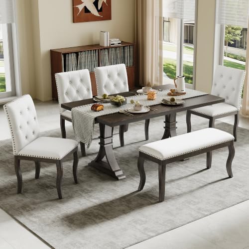 LUMISOL 6-Piece Dining Table Set with Bench, Farmhouse Kitchen Table Set with 4 Upholstered Button Tufted Chairs, Nailhead Trim & Curved Wood Legs, Espresso by LUMISOL