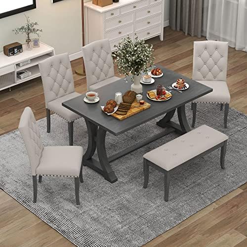 Rustic 6-Piece Dining Table Set with Rectangular Trestle Table and 4 Upholstered Chairs & Bench, Solid Wood Kitchen Dining Table Set for 6, Tufted Buttons Nailhead Decoration (Antique Gray-31) by VilroCaz