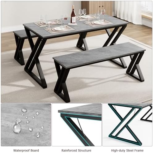GarveeHome Kitchen Table with 2 Benches, Dining Table Set for 4,Grey - Image 5