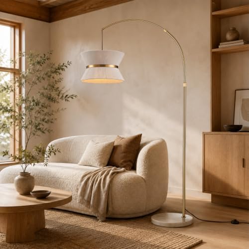 Hamilyeah Arc Floor Lamp for Living Room, 65.5 Inch Gold Arched Floor Lamp with Hand-Woven Cotton Shade and White Marble Base, Modern Over Couch Standing Lamp for Bedroom, Office, Reading Nook - Image 5