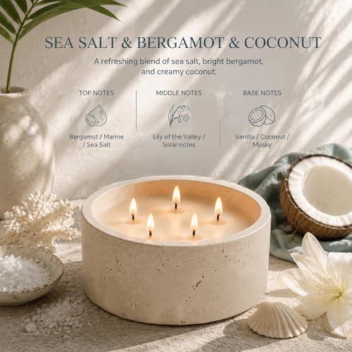 5-Wick Scented Candle-Sea Salt & Bergamot & Coconut,Soy Coconut Wax Blend Candle with Acacia Wood Lid,44oz Large Candle,55-Hour Long Burning,Aromatherapy Candle for Home Decor - Image 3