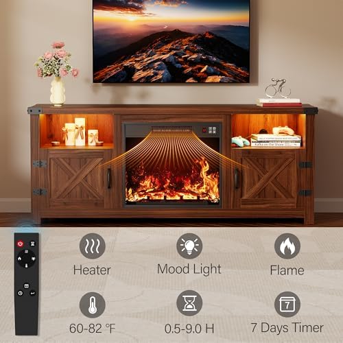 YESHOMY 58 Inch LED Fireplace TV Stand for TVs up to 65 Inch, Walnut - Image 5
