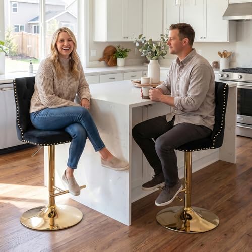 SoarFlash Velvet Bar Stool Set of 2, Adjustable Swivel Bar Stools with Gold Plated Metal Leg, Button Tufted, Footrest, Chrome Nailhead, Counter Height Chair for Kitchen, Bar, Dining Room (Black) - Image 3