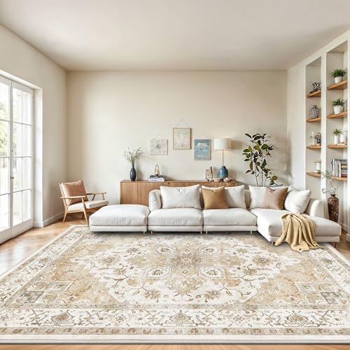 Amada Large 9x12 Washable Area Rug for Living Room, Beige, Vintage Pattern by AMADAHOMEFURNISHING