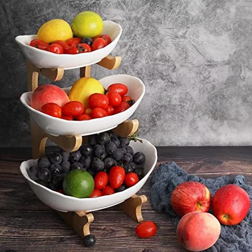 SEVEN SPARTA Fruit Bowl for Kitchen Counter - 3 Tier Ceramic Serving Bowls with Bamboo Stand, Tiered Fruit Basket for Fruit Vegetable Storage, Cake, Dessert, Nuts, Snack, Salad (Dishwasher safe) by SevenSparta