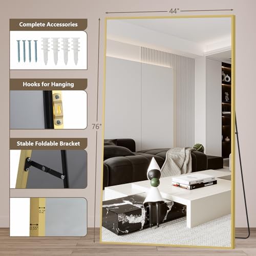 Mirrorons 76"x44" Gold Full Length Mirror, Large Floor Mirror with Stand - Image 4