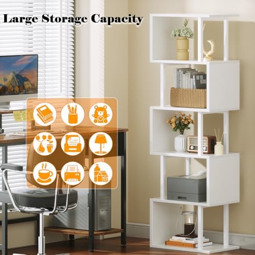 Furologee 6 Tier Bookshelf, S Shaped Geometric Bookcase, White - Image 4