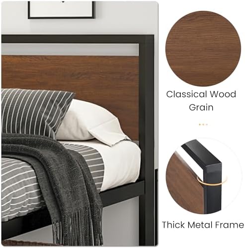SHA CERLIN 14 Inch King Size Metal Platform Bed Frame with Wooden Headboard and Footboard, Mattress Foundation, No Box Spring Needed, Large Under Bed Storage, Walnut - Image 4
