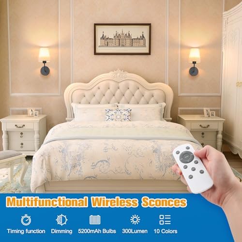 NIORSUN 13.8 inch Battery Operated Wall Sconce Set of 2,Black Rechargeable Wall Lights with 10400mAh Dimmable Detachable Bulbs and Remote,9 Colors Wireless Sconces for Bedroom Living Room Hallway - Image 2