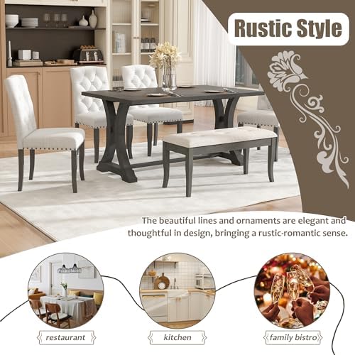 Harper & Bright Designs Classic and Traditional Style 6 - Piece Dining Set, Includes Dining Table, 4 Upholstered Chairs & Bench(Antique Gray1) - Image 2