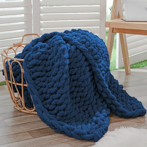Bigacogo Chunky Knit Throw Blanket for Couch, 40x60 inches, Navy Blue by Bigacogo