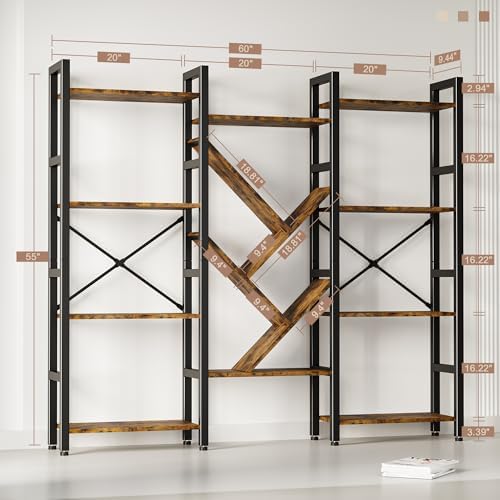 INNOD Triple 4 Tier Book Shelf, Large Industrial Bookcase with Storage Cabinet, Tall Bookshelf with Open Display Shelves Furniture for Living Room Bedroom Home Office Rustic Brown - Image 2