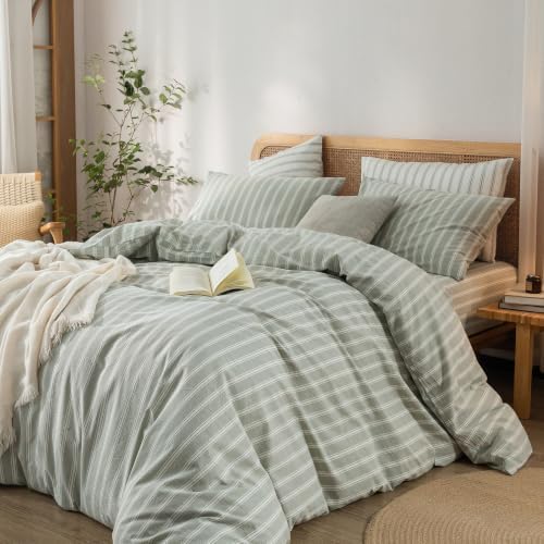 BESTOUCH Striped Cotton Duvet Cover Set Linen Feel King - Image 6