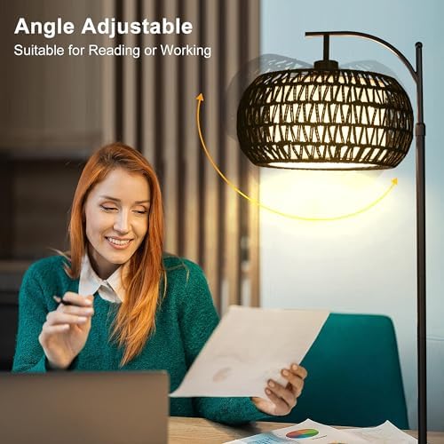 ZECOXOL Arc Floor Lamp with 3 Color Temperatures,Black Floor Lamp with Remote Control, Boho Standing Lamp with Rattan Wicker Shades, Farmhouse Tall Pole Lamp for Living Room Bedroom - Image 5
