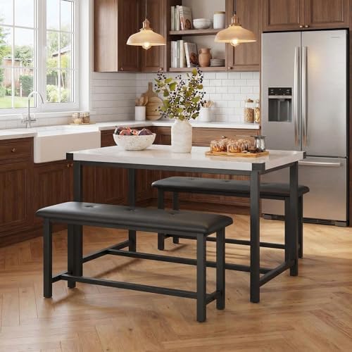GarveeHome Dining Table Set for 4, Kitchen Table with 2 Upholstered Benches, Wood Kitchen Dining Room Set, for Small Space, Apartment, Home, Dinner, Marble White - Image 2