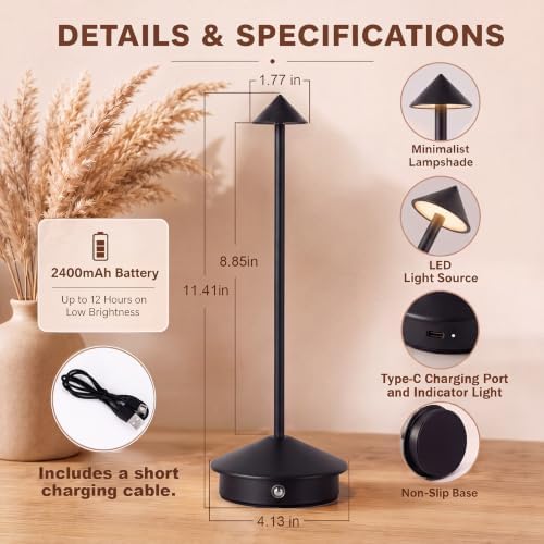 12 Pack Cordless Table Lamp, 3 Color Stepless Dimmable, Black - Image 2