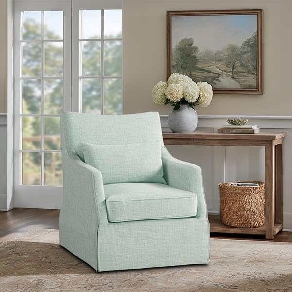 Martha Stewart 360° Mint Swivel Chair, Modern Classic Skirted Armchair with Soft Removable Seat Cushions and Lumbar Pillow, Rust Resistant Metal Swivel Base, for Living Room, Bedroom by MarthaStewart