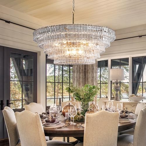 YIOSI Clear Glass 47 inch Round Chandelier for Dining Room, Modern Drum Pendant Light Fixture with Crystal Glass, Gold Large Ceiling Light Perfect for Living Room, Bedroom - Image 2