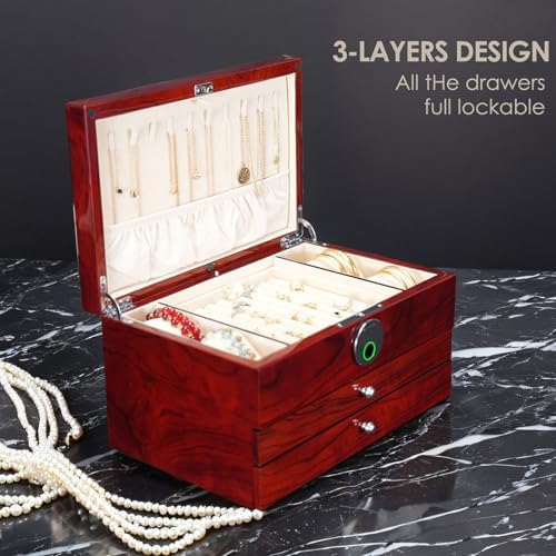 Wood Jewelry Box for Women, 3-layers Large Jewelry Storage Box&Organizer Fingerprint Lock, Drawers Full Locking, Mother Gifts (3L-RS) - Image 2