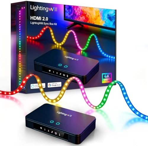LightingWill HDMI 2.0 Sync Box LED TV Backlight Strip Kit, 4K@60Hz Screen Sync RGB-IC Lighting for 50–65 Inch TVs, Compatible with Alexa Google Home PS5 Xbox, 9.8 Ft, 72 LEDs/m by LightingWill