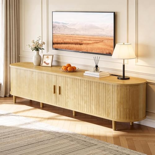 70" Mid Century Modern TV Stand with Power Outlet, Fluted Entertainment Center with Storage and Adjustable Shelves, Wood TV Console with Sliding Doors for Living Room, Oak by Unknown