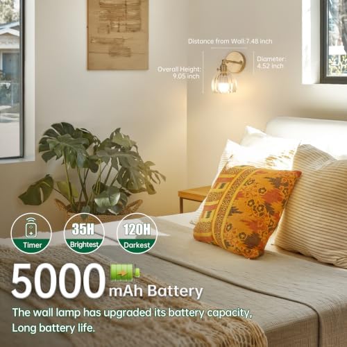Shenmoyl Vintage Battery Operated Wall Sconce with Clear Tulip Glass Lampshade 5000 mAh Rechargeable Battery Powered Wall Light with Remote Control for Bedside Bedroom Doorway, Set of 2 - Image 3