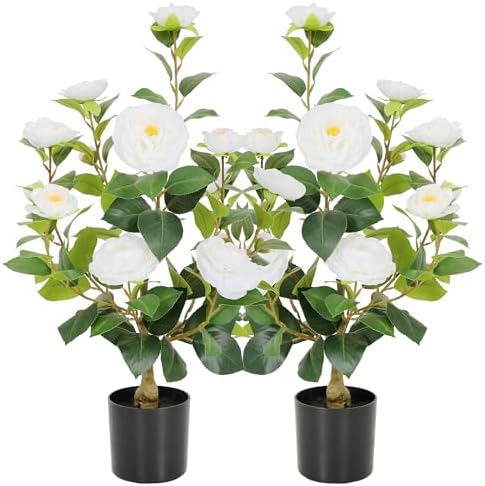 Nafresh 2FT Lush Artificial White Camellia Tree Outdoor 2 Pack, 24inch Faux Camellia Plant, Fake Camellia Flowers Tree for Indoor Outdoor Living Room Home Patio Front Door Garden Decor by Nafresh