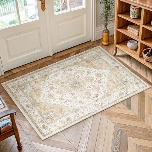 Amada Small 2x4 Washable Area Rug for Entryway, Beige, Vintage Pattern by AMADAHOMEFURNISHING