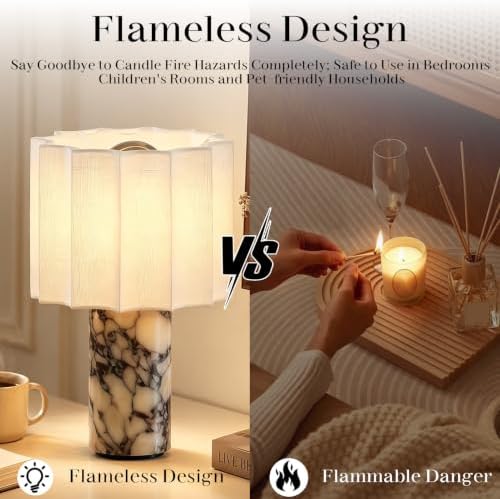 Marble Touch Table Lamp USB Rechargeable Cordless Bedroom Bedside Small Glow Night Light Stone Base and Linen Fabric Shades - Image 5