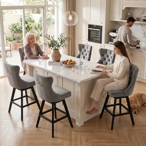 SoarFlash Kitchen Swivel Bar Stools with Solid Wood Legs Upholstered Counter Stools Set of 6, Grey - Image 4