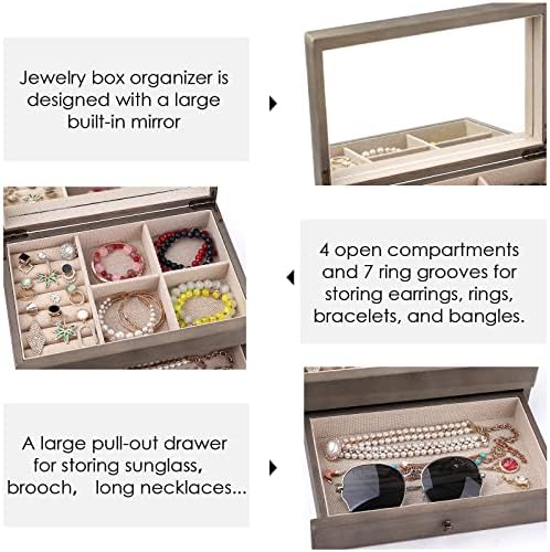 Meangood Jewelry Box Organizer for Women, 2 Layer Large Jewelry Storage Case, Rustic Wooden Jewelry Box with Mirror & Ring Tray for Necklace Earring Bracelets Rings, Vintage Style (Weathered Grey) - Image 3