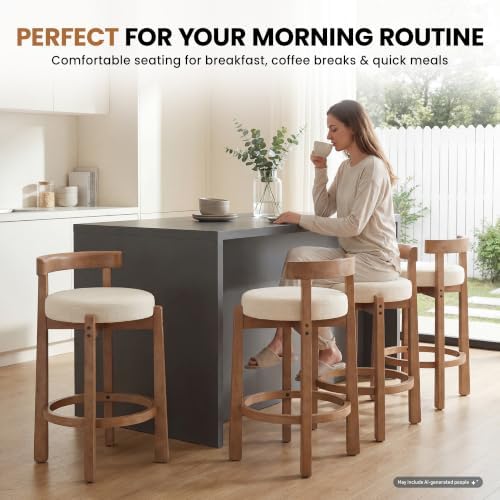 LukeAlon Linen Counter Stools Set of 5, Upholstered 26.5” Seat Height Low Barstools with Natural Wood Legs Round Low Back Kitchen Stools with Footrest for Dining Room Bar Coffee Shop, Beige - Image 7