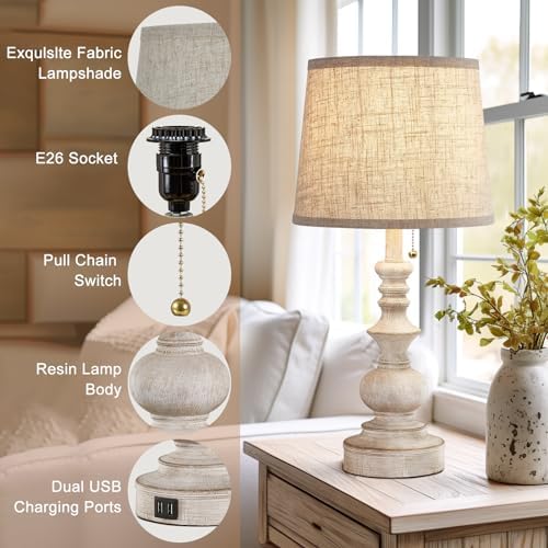 Drawealth Table Lamps for Bedrooms Set of 2 Farmhouse Bedside Lamps for Nightstand with USB Charging Ports Traditional Side Table Lamps for Living Room Wooden Finish, Pull Chain, Bulbs Not Included - Image 6
