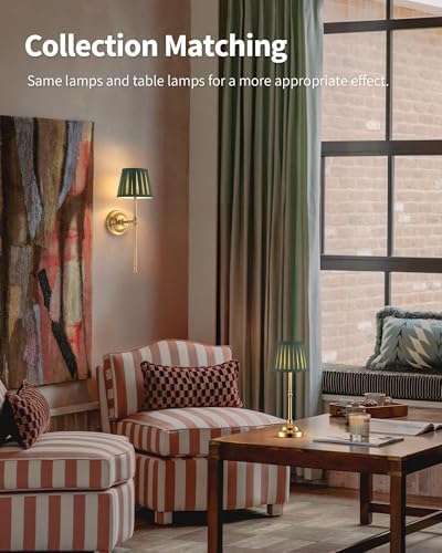 KDG Gold Cordless Wall Sconces Set of 2, Green Fabric LED Wall Lamps - Image 4