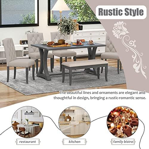 Rustic 6-Piece Dining Table Set with Rectangular Trestle Table and 4 Upholstered Chairs & Bench, Solid Wood Kitchen Dining Table Set for 6, Tufted Buttons Nailhead Decoration (Antique Gray-31) - Image 6