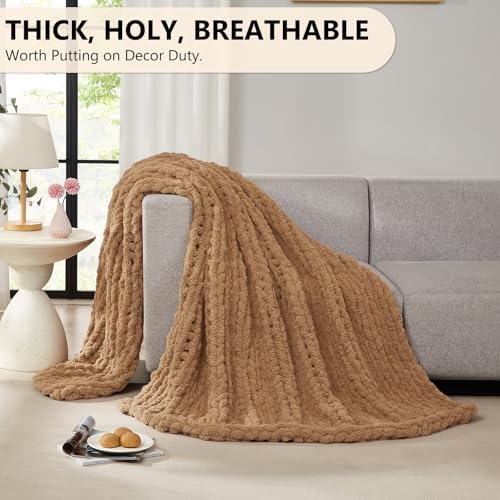 L'AGRATY Chunky Knit Throw Blanket for Couch, 72'' x 84'' Knit Throw, Tan - Image 6