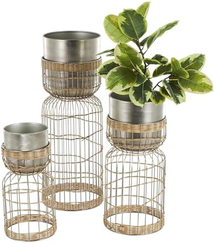 Deco 79 Metal Indoor Planter Textured Dome Large Planter Pot with Woven Rattan and Caged Rod Pedestal Base, Set of 3 Planters 30", 23", 18" H, Silver by Unknown