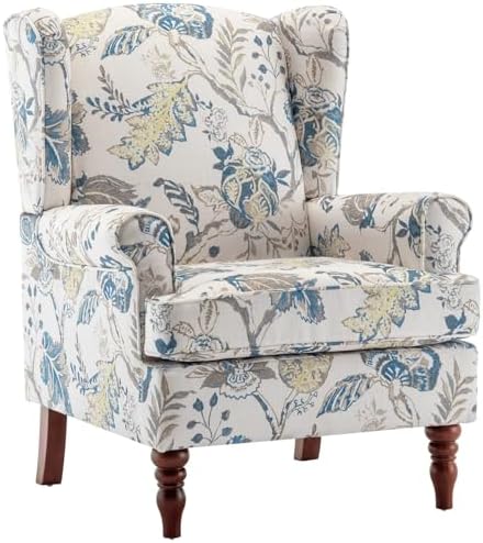 YOLENY Floral Accent Chair, High Back Upholstered Armchair with Solid Legs, Leisure Single Sofa Chair for Living Room, Bedroom, Home Office, Blue Floral by YOLENY