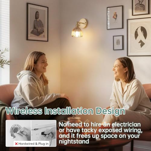 Shenmoyl Vintage Battery Operated Wall Sconce with Amber Tulip Glass Lampshade Rechargeable Battery Powered Wall Light with Remote Control for Bedside Bedroom Doorway, Set of 2 - Image 5