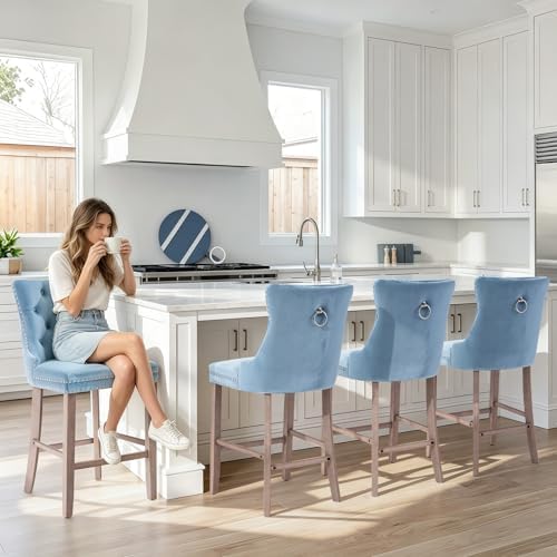 SoarFlash Modern Velvet Upholstered Bar Stools Set of 4 with Wood Legs, Button Tufted,Chrome Nailhead, Counterstool Seat, Armless Bar Chairs (Sky-Blue) - Image 4