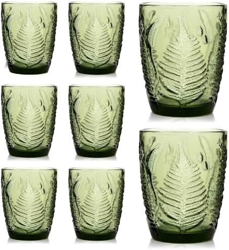 Green Drinking Glasses Set of 8, 10 oz Glass Cups, Vintage Fern Glassware by QELVIO
