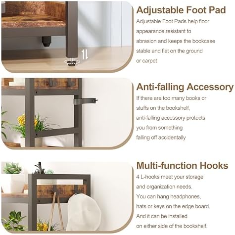 HCHQHS Adjustable Book Shelf with 8 Hooks, Reversible Corner Bookshelf, Industrial Wooden and Metal Bookcase for Living Room, Bedroom, Home Office (Rustic Brown, 6 Tier) - Image 6