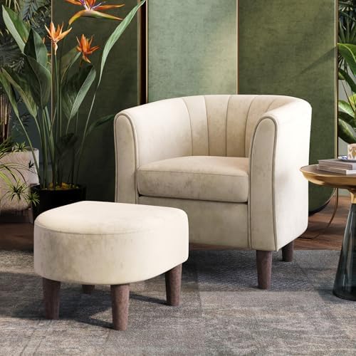 LINSY Accent Chair with Ottoman, Modern Barrel Chair Small Armchair Reading Chair with Footrest, Comfy Round Arms Chair for Living Room Bedroom Reading Room, Velvet, Cream by Linsy