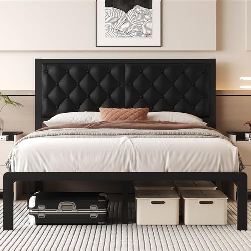 Fluest Queen Bed Frame with Headboard PU Leather Upholstered Bed Frame Platform,All Metal Slats Support Platform Bed Frame with Storage Space,Easy Assembly,Noise Free,No Box Spring Needed,Black by Fluest