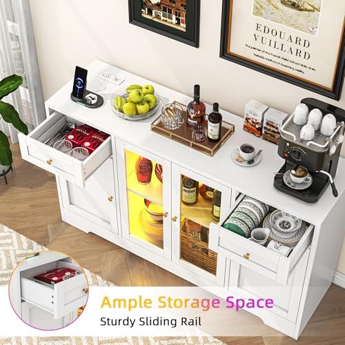 knoworld LED Coffee Bar Cabinet with Storage, 55'' Large Sideboard Buffet Cabinet, Wood Coffee Bar Buffet Table with 4 Doors and Charging Station, Modern LED Lights Sideboard for Kitchen, Dining Room - Image 3