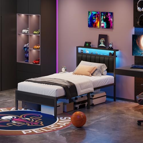 Furnulem Twin Size Bed Frame with Charging Station and LED Lights - Image 5
