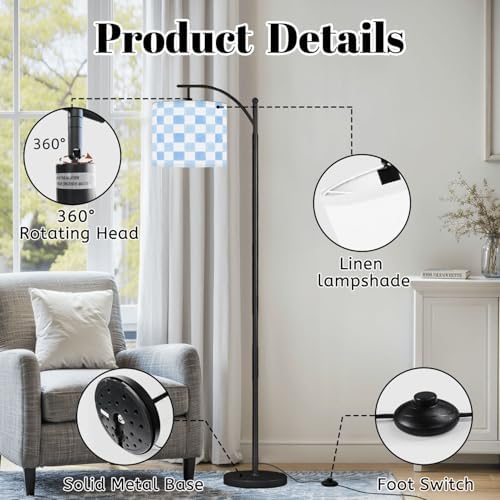 Arc Floor Lamp Blue Watercolor Gingham Checkered Soft Shades Blue White Dimmable Modern Standing Lamp with Remote Adjustable Drum Shade Footswitch Tall Pole Lamp for Living Room Bedroom - Image 6